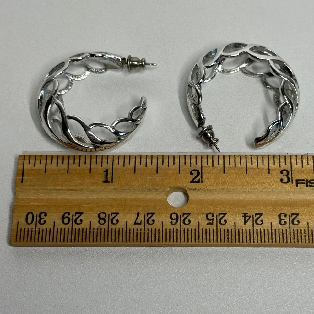 Vintage Silver Tone Braided Hoop Earrings‎ Openwork Chunky Twist
